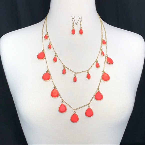 Fashion Jewelry Jewelry - 🔴 CLEARANCE 2 Row Coral Orange Teardrop Layered Necklace Set